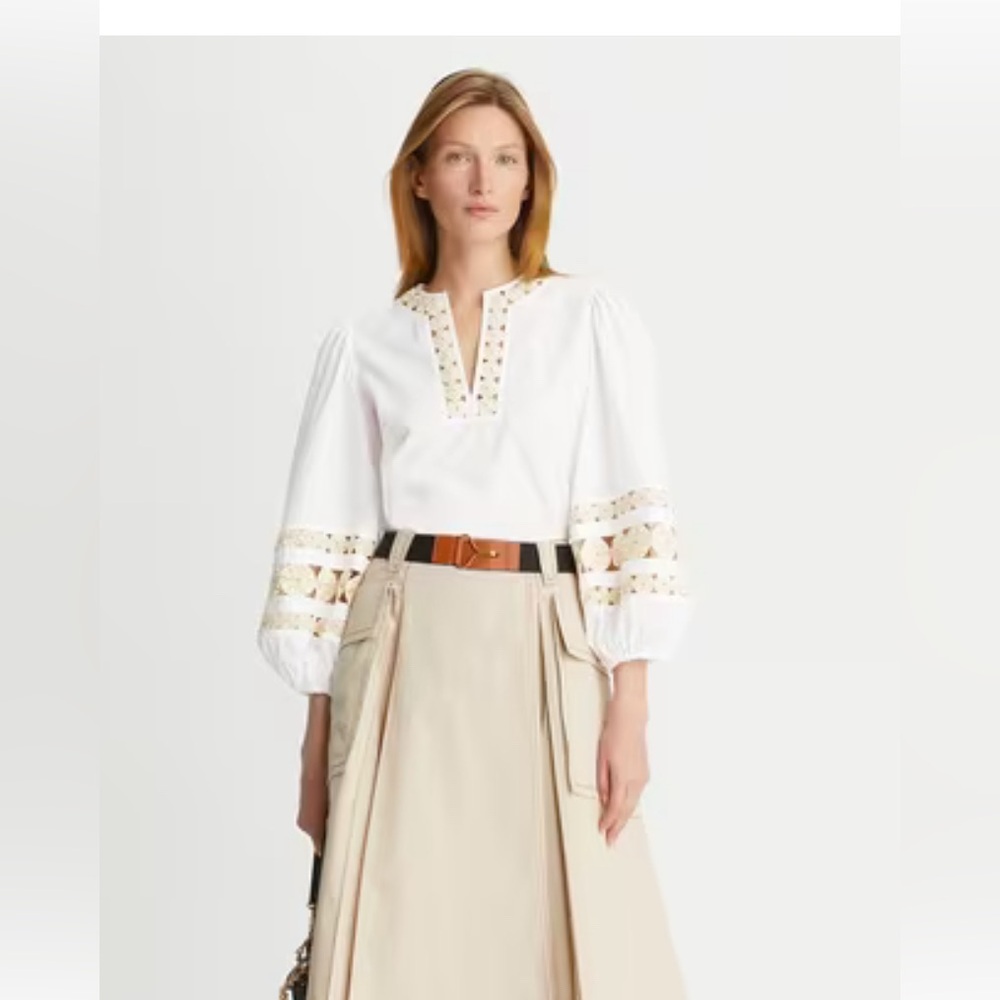 Tory Burch yoyo embellished tunic top. White/tan. MSRP $798. NWT. Size 4.